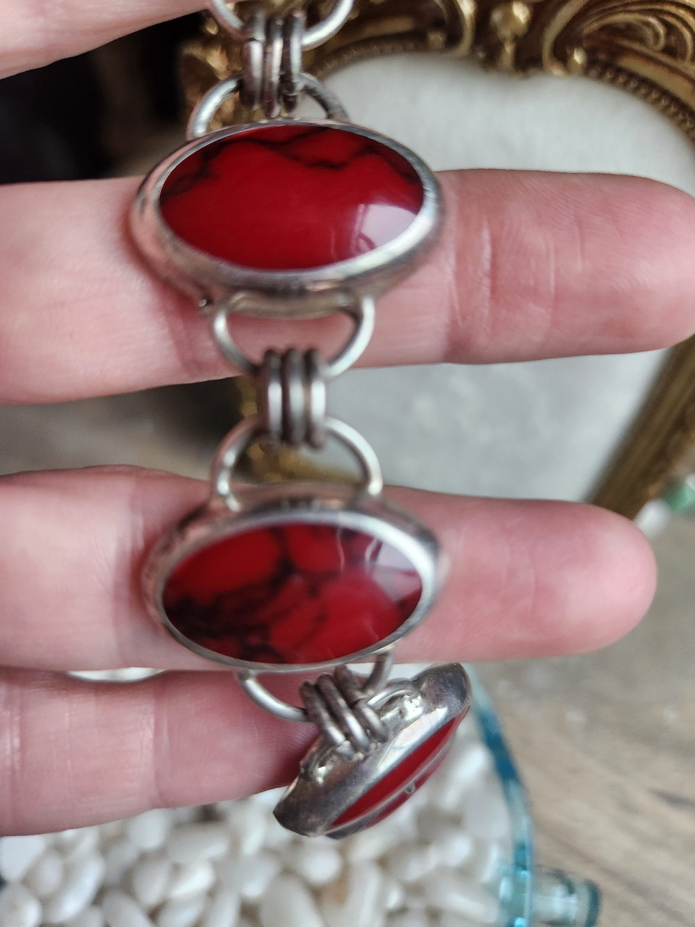 Vintage Red Jasper Sterling .925 Stamped Taxco, Mexico Link Bracelet - Women - Picture 5 of 10